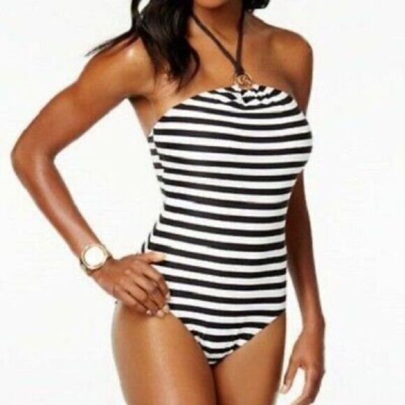 Michael Michael Kors Ring Halter Stripe Black White One Piece Swimsuit Size 6 - Picture 1 of 8